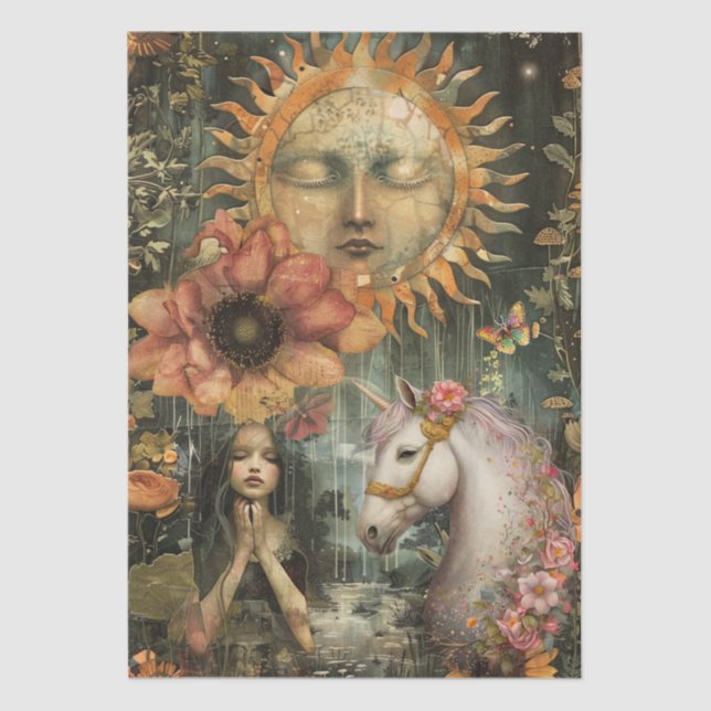 Moody Dark Rustic Fantasy Garden Girl Decoupage  Tissue Paper (Front)