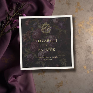 Moody Dark Victorian Lace Crest Peony Dark Wedding Napkin