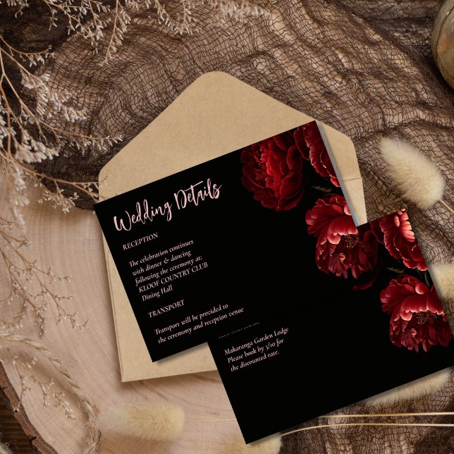 Moody dark vintage flowers wedding details enclosure card (Moody dark vintage red peony roses flowers wedding details enclosure card wedding invitation suite)