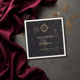 Moody Dark Vintage Victorian Crest Peony Wedding Napkin