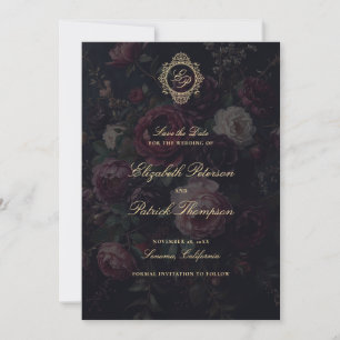 Moody Dark Vintage Victorian Crest Peony Wedding Save The Date