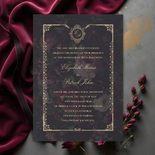 Moody Dark Vintage Victorian Gold Crest Wedding Invitation