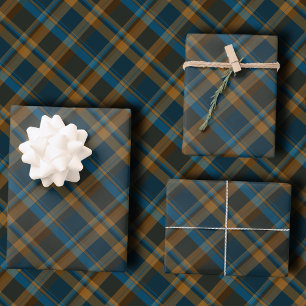 Moody Diagonal Navy, Brown and Copper Tartan Plaid Wrapping Paper Sheet