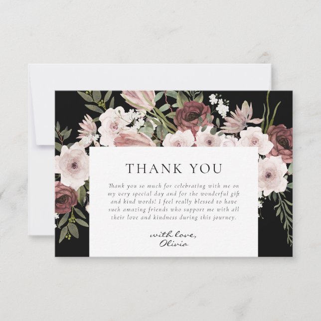 Moody Dusty Rose Floral Bridal Shower Thank You Card (Front)
