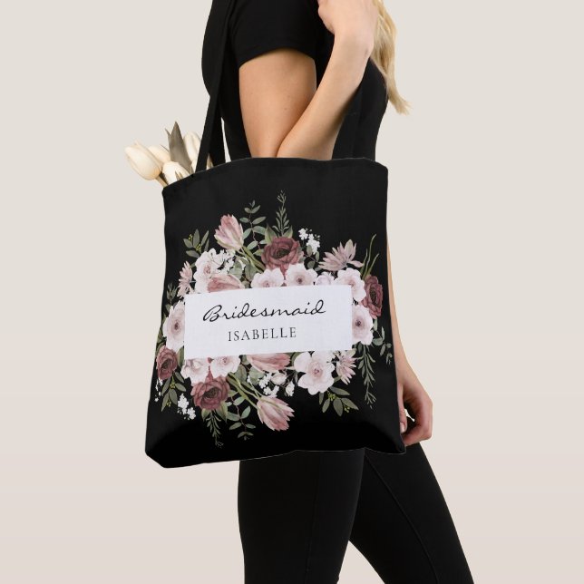 Moody Dusty Rose Floral Bridesmaid Tote Bag (Close Up)