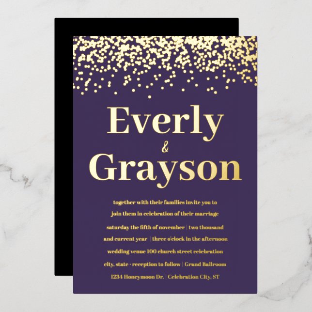 Moody Elegant Confetti Purple and Gold Wedding  (Front/Back)
