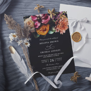 Moody Elegant Floral Dark Budget QR Code Wedding Invitation