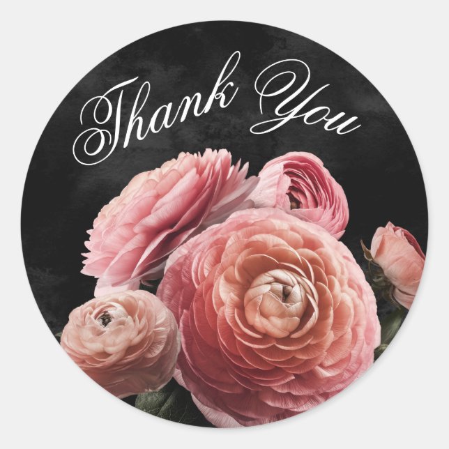 Moody Elegant Pink | Floral Bouquet on Black Classic Round Sticker (Front)