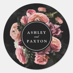 Moody Elegant Pink   Floral Bouquet on Black Classic Round Sticker