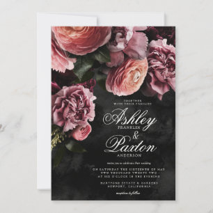 Moody Elegant Pink   Floral Bouquet on Black Invit Invitation