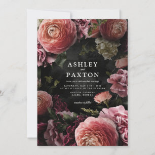 Moody Elegant Pink   Floral Bouquet on Black Invit Invitation