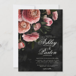 Moody Elegant Pink   Floral Bouquet on Black Invit Invitation