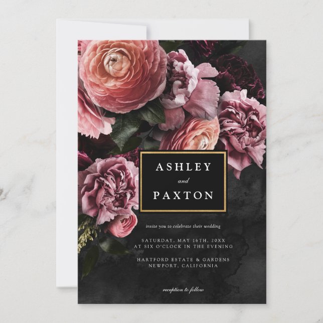 Moody Elegant Pink | Floral Bouquet on Black Invitation (Front)