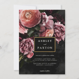 Moody Elegant Pink   Floral Bouquet on Black Invitation