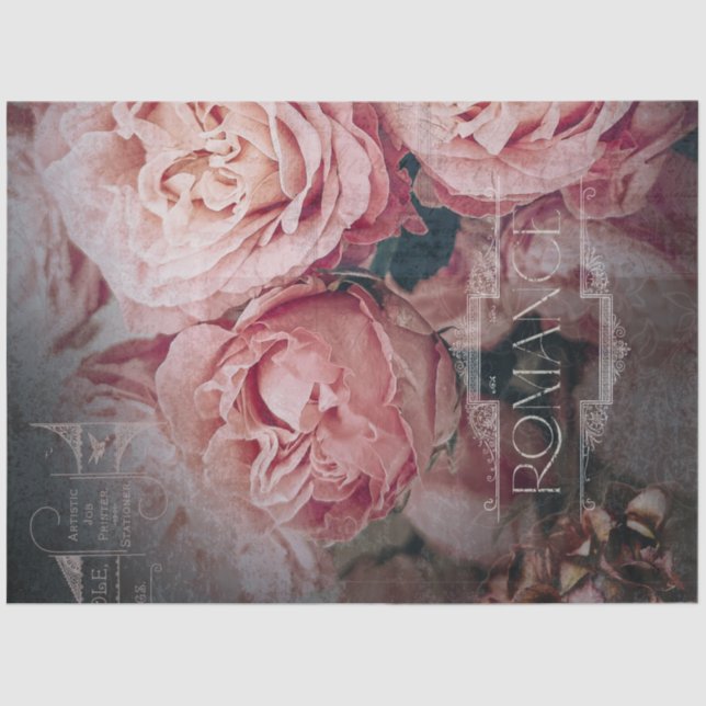 Moody Elegant Pink Rose Flowers Ephemera Decoupage Tissue Paper (Front)