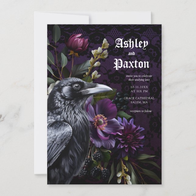 Moody Elegant Purple Gothic Garden Floral Crow Invitation (Front)