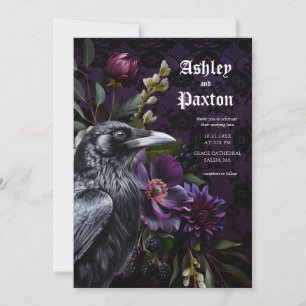 Moody Elegant Purple Gothic Garden Floral Crow Invitation