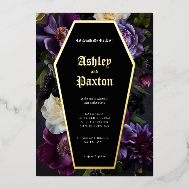 Moody Elegant Purple Gothic Garden Floral Wedding Foil Holiday Card (Front)