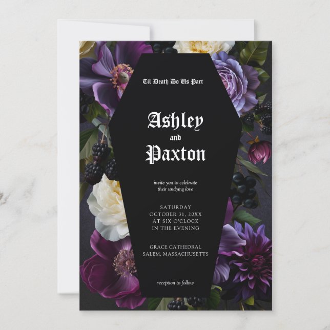 Moody Elegant Purple Gothic Garden Floral Wedding Invitation (Front)