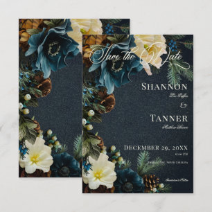 Moody Elegant Winter Blue Floral Pine Wedding Save The Date