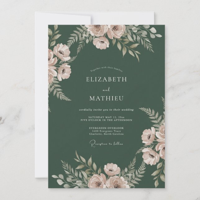 Moody Emerald Ranunculus Eucalyptus Wedding Invitation (Front)