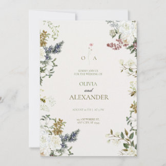 Moody Evergreen & White Rose Botanical Watercolor  Invitation