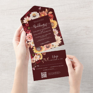 Moody Fall Burgundy Floral Dahlia Rustic OR Code All In One Invitation
