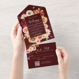 Moody Fall Burgundy Floral Gold QR RSVP Wedding All In One Invitation