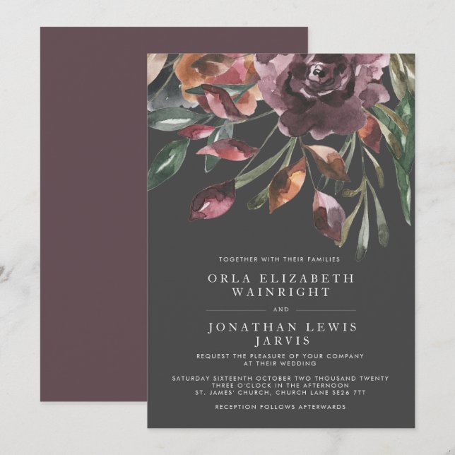 Moody Fall Floral Burst Purple Wedding Invitation (Front/Back)