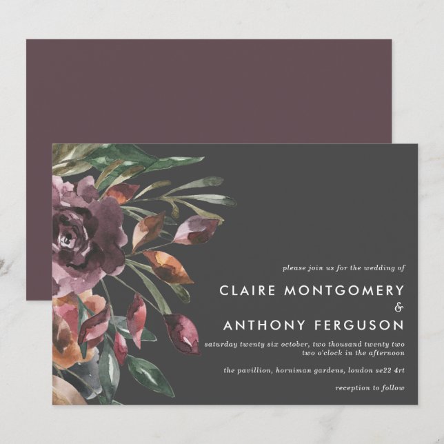 Moody Fall Floral Burst Watercolor Wedding Invitation (Front/Back)