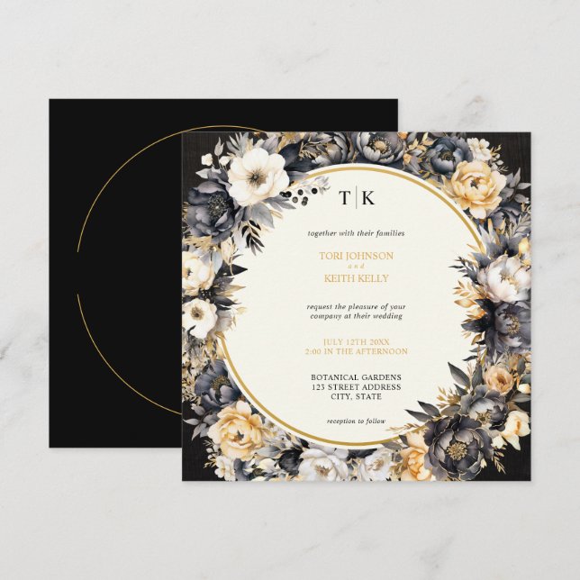 Moody Floral Black White & Gold Wedding Invitation (Front/Back)