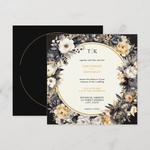 Moody Floral Black White & Gold Wedding Invitation