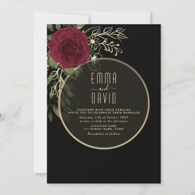 Moody Floral Burgundy and Black Wedding Invitation (Front)