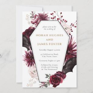 Moody Floral Burgundy & Black Halloween Wedding Invitation