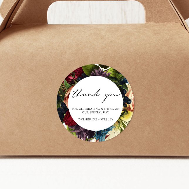 Moody Floral Burgundy Wedding  Classic Round Sticker (Creator Uploaded)