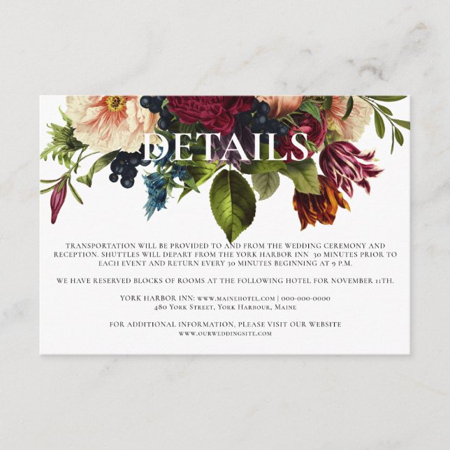 Moody Floral Burgundy Wedding details Enclosure Card (Front)