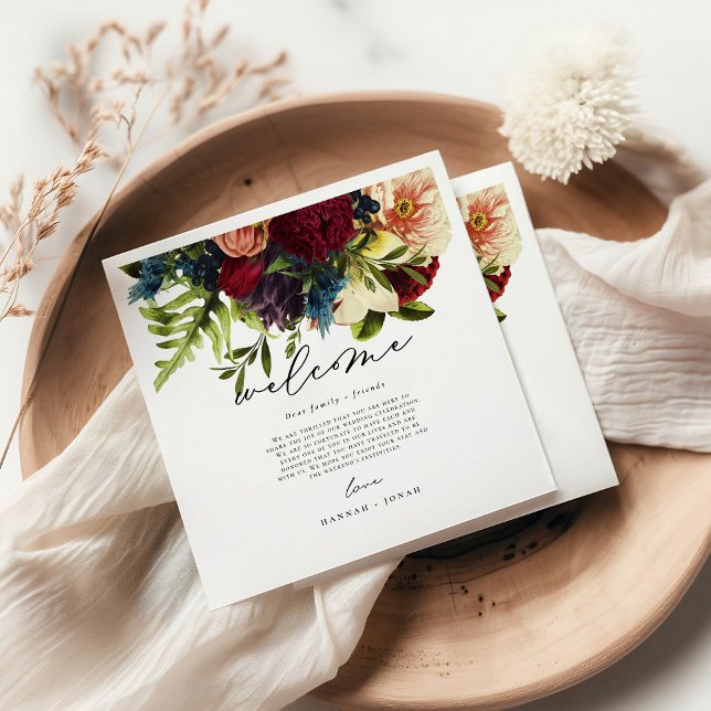 Moody Floral Burgundy Wedding Welcome Napkin (Creator Uploaded)