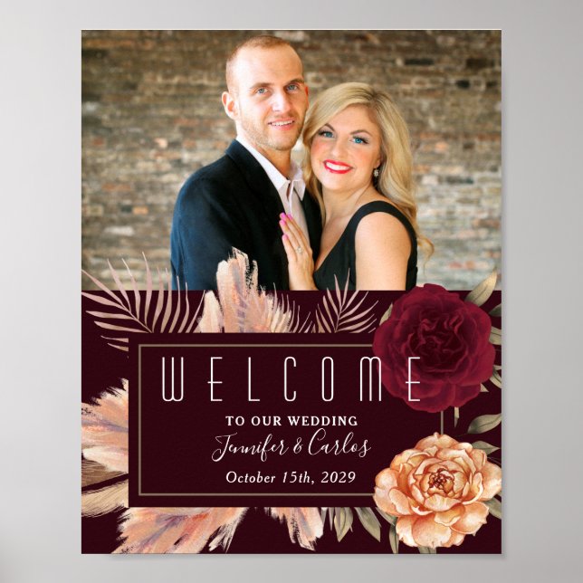 Moody Floral Burgundy Wedding Welcome Poster (Front)