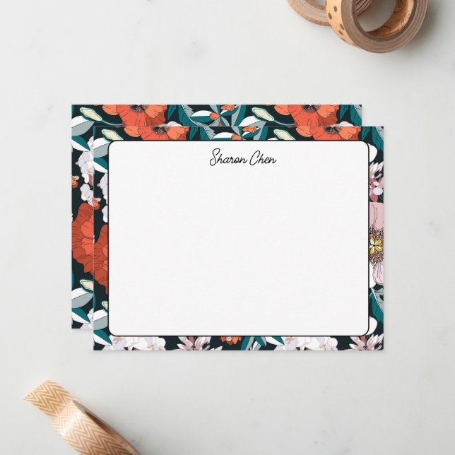 Moody Floral Custom Name Stationery Card (Front/Back In Situ)