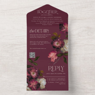 Moody Floral Dark Chic Burgundy Wedding QR Code All In One Invitation