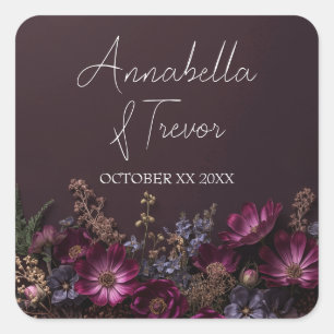 Moody Floral Dark Wildflowers Custom Name Wedding Square Sticker