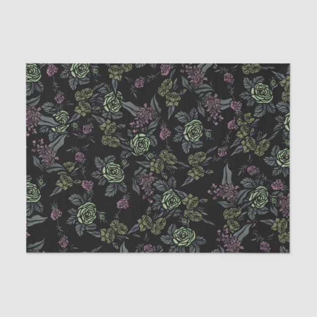 Moody Floral Flowers Pattern Greens and Mauve      Tissue Paper (Front)