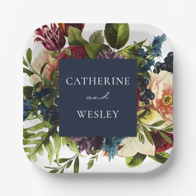 Moody Floral Navy & Burgundy Wedding  Paper Plate (Front)