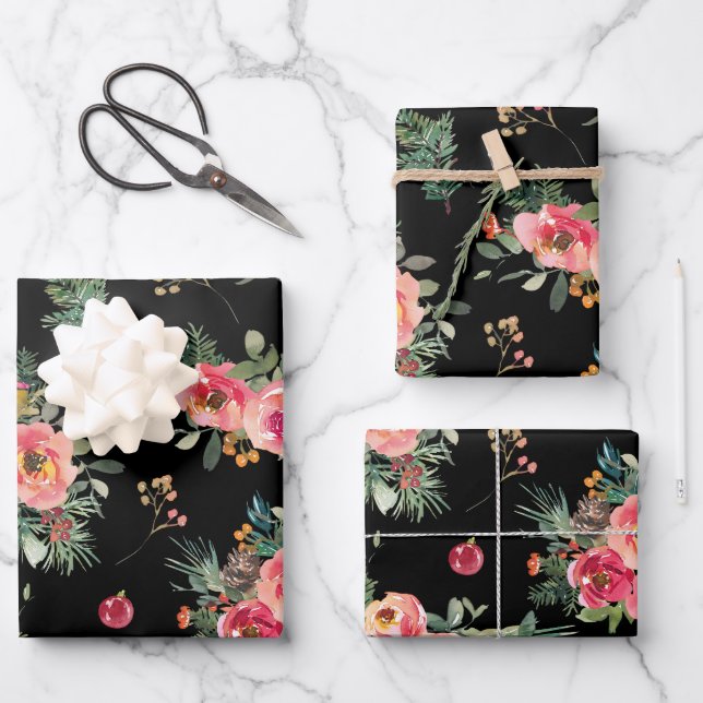 Moody Floral Pattern | Black Christmas Botanical Wrapping Paper Sheet (Front)