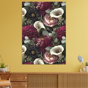 Moody Floral Pattern with Dahlias and Calla Lilies Canvas Print