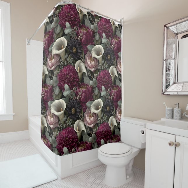 Moody Floral Pattern with Dahlias and Calla Lilies Shower Curtain (In Situ)