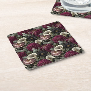 Moody Floral Pattern with Dahlias and Calla Lilies Square Paper Coaster