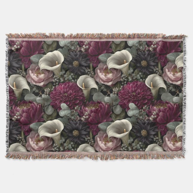 Moody Floral Pattern with Dahlias and Calla Lilies Throw Blanket (Front)