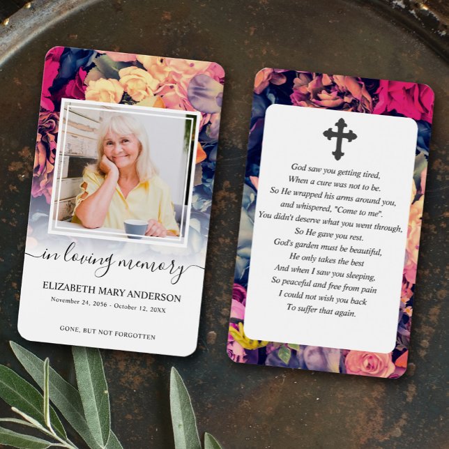 Moody Floral Photo Sympathy Funeral Prayer Card (Creator Uploaded)