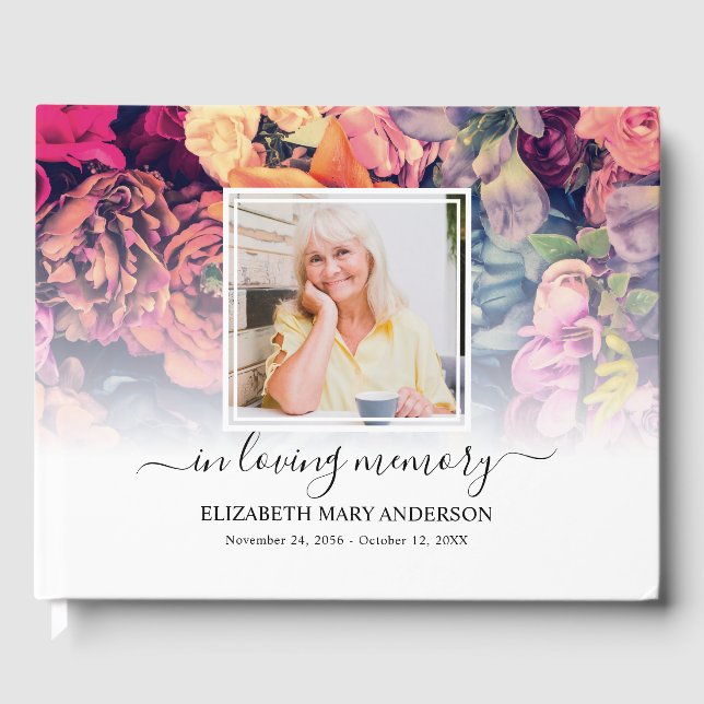 Moody Floral Photo Sympathy Funeral Watercolor Guest Book (Front)